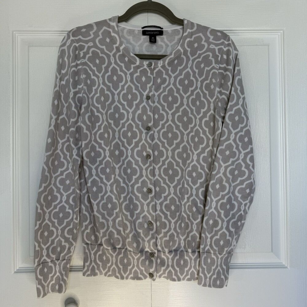 Lands’ End Cardigan Gray  with White Geometric Pattern Women’s Size M (10-12)